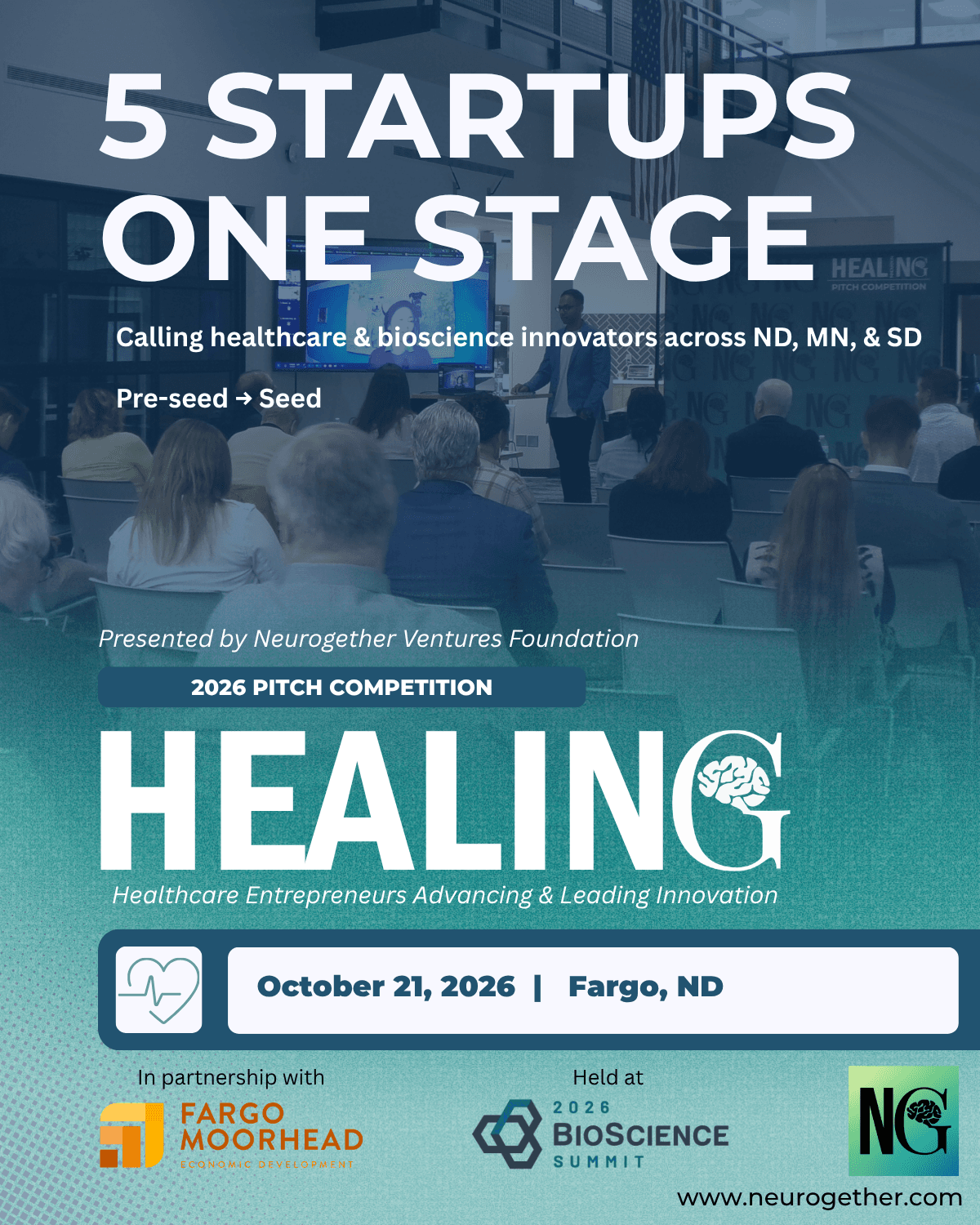 HEALING 2026 pitch competition poster: five startups, one stage, October 21 in Fargo